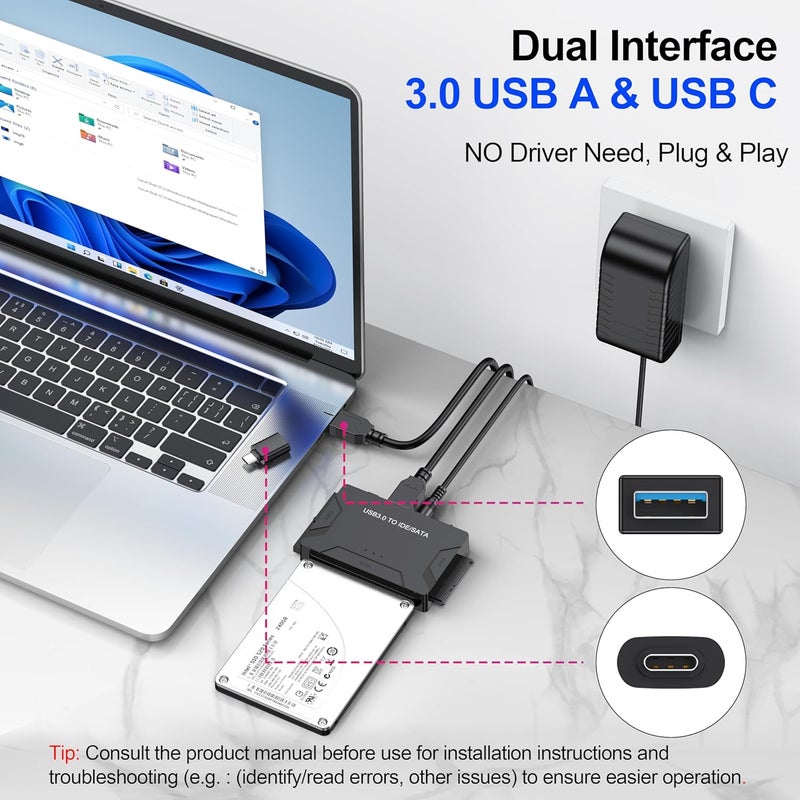 VoroDcip قارئ القرص الصلب USB 3.0 و Type C إلى محول SATA IDE، مجموعة استرداد بيانات داخلية مع طاقة 12V/2A لقرص HDD SSD الداخلي بحجم 2.5"/3.5"، محرك Blu-ray داخلي، بسعة تصل إلى 20TB - Image 2